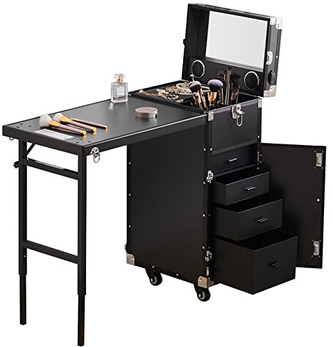 XUCS Tavolo per Unghie Pieghevole, Scrivania Portatile per Manicure Mobile, Tavolo da Trucco Multifunzione con Asta di Trazione, con Contenitore, Piano di Lavoro E Specchio, per Salone Truccatore