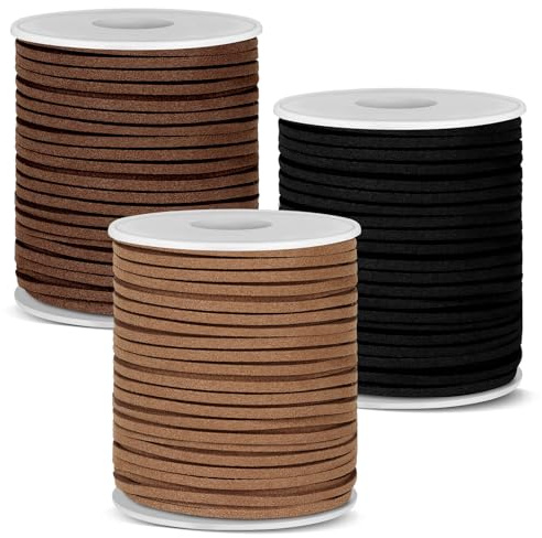 Anezus 3 rollos de cordón plano de cuero, cinta de gamuza para hacer joyas, cordel de cuero para manualidades, cordones de zapatos de cuero fino para botas, tiras de piel sintética para pulseras,
