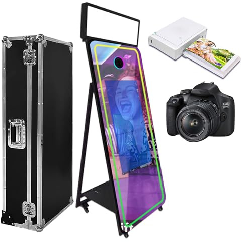 Photomaton magique miroir de 165,1 cm avec étui de vol, appareil photo interactif à écran tactile pour événement, fête, location de mariage (noir (écran tactile de 81,3 cm), machine + appareil photo +
