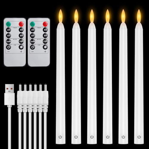 6 velas LED cónicas recargables con 2 controles remotos, velas falsas artificiales, función de temporizador, efecto de llama parpadeante realista, sin llama, para decoración de Navidad, boda, iglesia