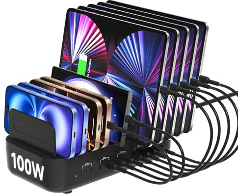 SooPii Estación de Carga múltiple USB-C de 100W,estación de Carga rápida de 10 Puertos Tipo C para múltiples Dispositivos Incluye 8 Cables USB C,Organizador de Carga Compatible con teléfono(Negro)