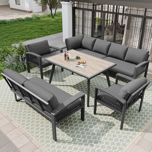 Kayan Gartenlounge Set Wetterfest für 8 Personen, Gartenmöbel Set aus gewebtem Seil, Garten Essgruppe mit Holzmaserung Tisch und Kissen, verzinktem Eisengestell, verstellbare Beine, Grau