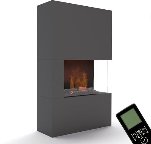 GLOW FIRE Wasserdampf Kamin Rechts TUCHOLSKY (Standkamin) - Elektrokamin mit LED 3D-Flammen, Knistereffekt, Fernbedienung, 91x150x35 cm - OMC 600 Elektro Kamin, mit Schutzglas, Grau