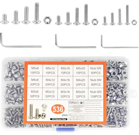 536 Pz Set di Viti M3 M4 M5, Bulloni e Dadi Set,Viti a Testa Bombata con Esagono Incassato in Acciaio Inossidabile,Assortimento di Bulloni a Testa Tonda Cilindrica Esagonale e Dad,Bullone a Brugola