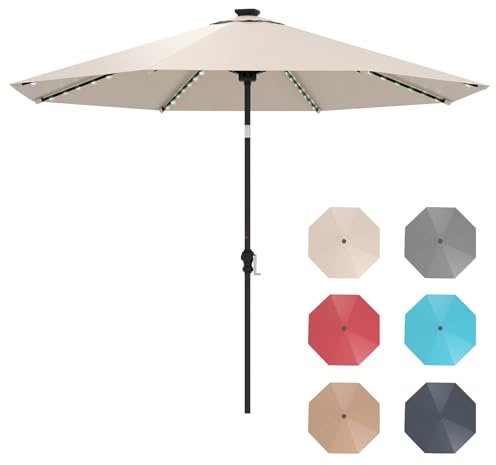 GOPLUS Parasol de Jardin Extérieur avec LED Coloré, 3M Grand Parasol Balcon Inclinable 35° avec Manivelle, 8 Baleines Solides, pour Patio Terrasse, Base Non Incluse (Beige)