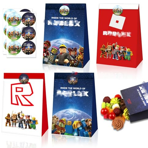 Roblx Geschenktüten-12Pcs Roblx Papiertüten 12 Aufkleber Sticker Kinder Auto Geschenktüte Geburtstag Party Mitgebsel Kindergeburtstag Candy Bar Süßigkeiten Tüten Geschenken Giveaways Party Supplies