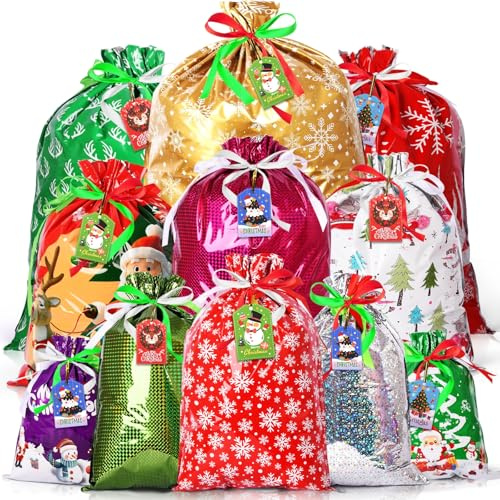 AhfuLife 32 Stück Weihnachten Geschenkbeutel mit Kordelzug, 11 Designs Weihnachtsgeschenkbeutel 5 Größen mit Geschenkanhänger Weihnachten für Schnell Weihnachtsgeschenke Verpacken