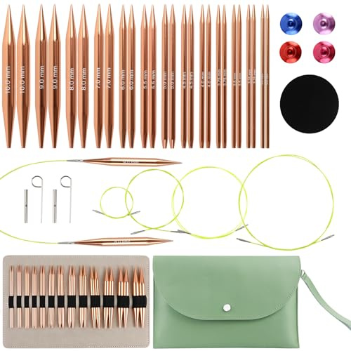 Set di Ferri Circolari Intercambiabili, 13 Paia di Ferri da Maglia da 3,0-10,0mm con Cavi da 40/60/80/100 cm, Borsa e Altri Accessori, Ferri da Maglia Polivalenti per Appassionati di Maglia