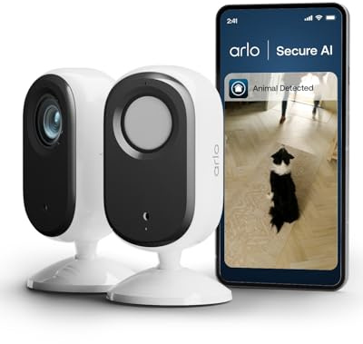 Arlo Essential 3 Indoor FHD, Caméra de Surveillance WiFi Intérieure pour Animaux de Compagnie, Vision Nocturne, Audio bidirectionnel, avec obturateur d'objetif, Essai Secure Inclus, 2 Caméra Blanc