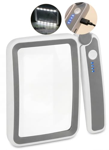 Soleado Loupe de Lecture Rectangulaire, avec Lumière LED Rechargeable - Loupe Grossissante 4X en Verre Anti-Rayures - Idéal pour Malvoyants, Seniors, DMLA, Journaux et Travaux de Précision 9x13.5cm