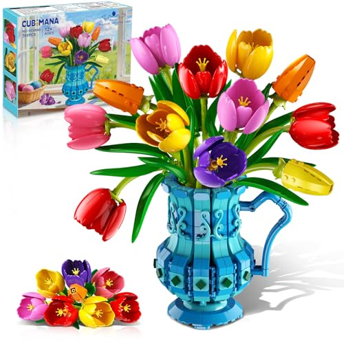CUBIMANA Kit de Construction Bouquet avec Vase - Bonsaï de Tulipes pour Adultes, Cadeau Saint-Valentin pour Elle/Femme/Maman, Collection Botanique Décorative 768 Pièces
