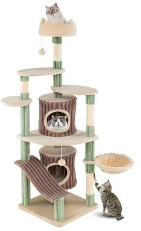 GOPLUS 163 cm Árbol para Gatos, Torre Multinivel para Gatos con 4 Plataformas, 2 Cuevas, Percha, Hamaca, Postes Rascadores, Rampa, Bola Colgante, Mueble de Escalada para Gatitos de Interior