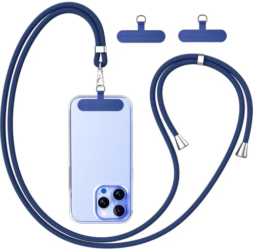 caslord Cordon para Movil Universal con 2 Parches Duraderos | Compatible con Todos Los Teléfonos Inteligentes y la Mayoría de los Funda | 1,6 m, Ajustable | Azul Oscuro