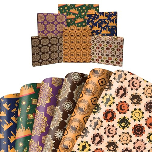 Ramadan Geschenkpapier 6Pcs, Geschenk Papier Mit Moschee Mond Und Sternenmuster,Diy Geschenkpapier Eid Mubarak Falten Für Dekorationen Zu Eid Mubarak Ramadan Feiern Muslimische,70 * 50cm (Braun)