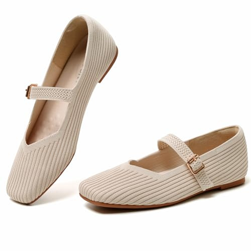 GOUPSKY Nude Knit Ballet Flats Shoes for Women Dressy Square Toe Arch Support Mary Jane Shoes Women Adjustable Strap Slip On Flats for Casual，Office，Work.Size 8