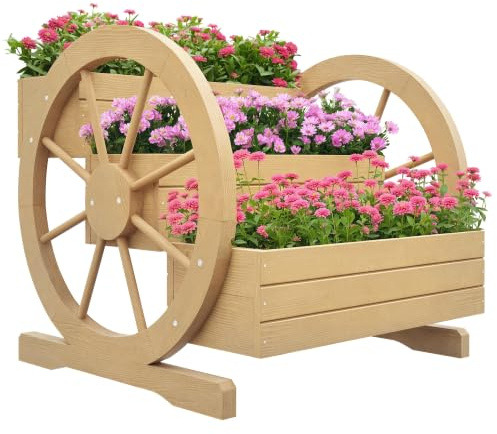 Outsunny Hochbeet aus Holz für Garten Balkon 61 x 62 x 57 cm Naturholz | Blumenkasten mit 3 Etagen, Gemüsebeet mit Wagenrad-Dekor, Outdoor Kräuterbeet mit Entwässerungslöchern, Blumentreppe