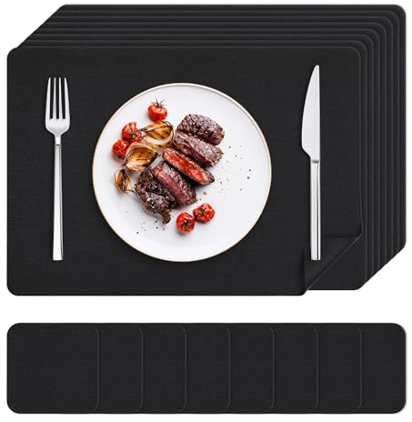 KitchenBoss Tovagliette Americane Lavabili con Sottobicchieri, Set di 8 Tovagliette Colazione Effetto Pelle Resistenti al Calore, Impermeabili su Entrambi i Lati, 43×30 cm, Nero