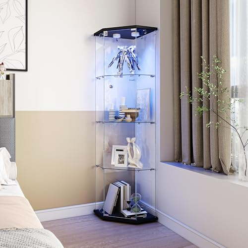 UnboxGermany Vitrine aus Glas mit Beleuchtung mit Soundsteuerung, Eckvitrine mit 4 Ebenen, Pentagon-Form, Vitrine mit Glas für Wohnzimmer, Schlafzimmer, Büro, Schwarz