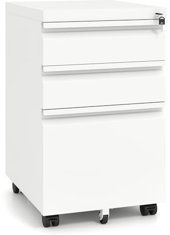 COSTWAY Rollcontainer abschließbar Metall, Aktenschrank mit 3 Schubladen, Stiftablage & Hängeregistratur für Dokumente, Bürocontainer unter Schreibtisch, Metallschrank mit 5 Rollen (Weiß)