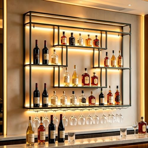 KEPMOGOH 120cm Portabottiglie da Parete con luce LED, Metallo Porta Bottiglie Vino Con Portabicchieri, Grande Espositore per Bottiglie di Vino, Per Bar Domestico, Sala da Pranzo