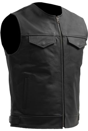 BROGER Blade Chaleco de moto Hombre | Piel | Espacio para insignias y emblemas de clubes | Cremallera central | 6 Bolsillos | Tallas hasta 10XL