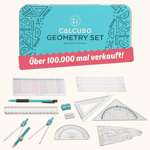 CALCUSO Geometrie Set 14-Teilig mit Zirkel, Geodreieck in Stabiler Metallbox - praktisches Mathematik-Set für Schule, Büro, Uni, Zeichnungen, Grundschulen