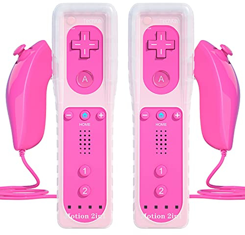 2 Sets Remote Controller for Wii, TechKen Replacement Remote Built-in Motion Plus Controller and Nunchuck (2 Pink)