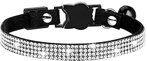 haoyueer Strass-Halsband für Hunde und Katzen, mit Glöckchen, glitzernd, mit weichem Samt-Kristall, Mädchen-Halskette (schwarz)
