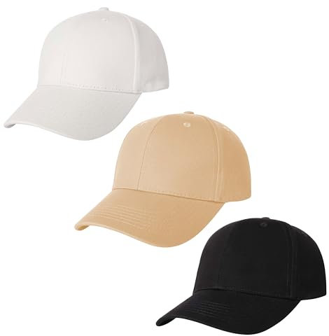 AOSMI Baseballmütze, einfarbig, Baumwolle, mit Riemen, verstellbar, Einheitsgröße, passend für die meisten flachen Teamballkappen für Männer und Frauen, 3 Stück, Schwarz, Weiß, Khaki, M/L