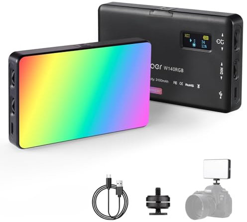 Video Licht RGB, Andoer LED Videoleuchte mit 3100 mAh Akku,Mini Kamera Licht,Dimmbare 2500K-9000K,Wiederaufladbare Fülllicht mit LCD-Display für Makro,Produktfotografie und YouTube Vlogs (W140)