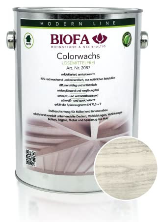 BIOFA Colorwachs lösemittelfrei farbig natürliche Holz-Wachs-Lasur mit Carnaubawachs für Holzdecken, Möbel, Spielzeug Weiß 2,5L