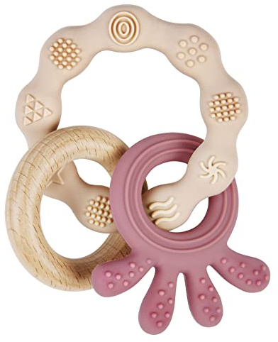 Vicloon Jouets de dentition Pour Bébé, Anneau de dentition en Silicone et bois, Jouets à mâcher Pour Bébé, faciles à saisir et à nettoyer, Jouets de dentition à mâcher en Silicone Pour Bébé (Beige)