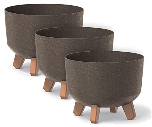 Set di 3 Vasi per Fiori Piante Tondi Gracia Regular ECO WOOD In Plastica e 33% Legno Ø39x27cm Da Interno Esterno Caffè Volume 21,5 Litri Design Moderni