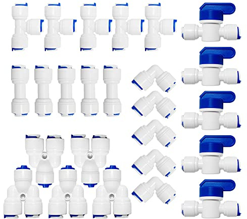 PAROAD 25 Stück Wasserfilter Fitting, Wasserzulaufleitung Universal Anschluss-Set 3/8 Zoll Schlauchverbinde und Inline Absperrventil, für Kühlschrankschlauch, Wasserschlauch (T + I + L+Y Typ Combo)