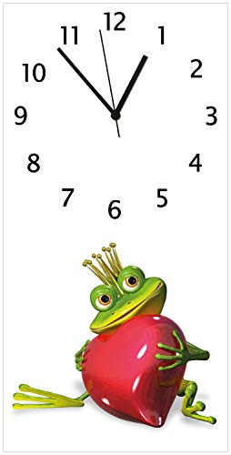 Wallario Design-Wanduhr Verliebter Froschkönig mit großem Herz aus Glas, Motiv-Uhr Größe 30 x 60 cm, Schwarze Zeiger