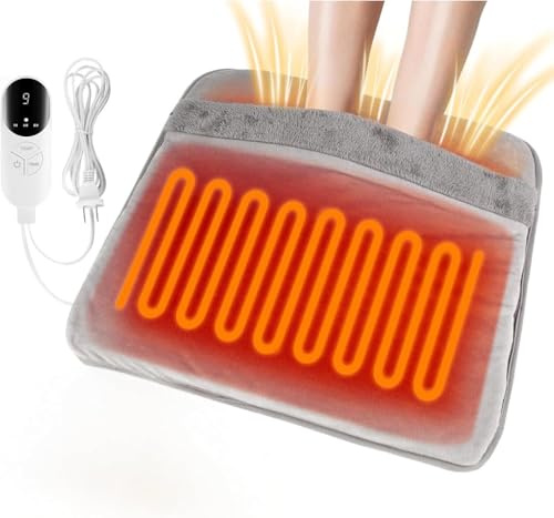 Electric Heated Foot Warmer for Feet, Double Sided Feet Warmer Foot Heating Pad with 9 Levels Temp and 3 Timers, Foot Warmers for Bed, Under Desk, Office, Birthday Gifts for Women Men(Grey)