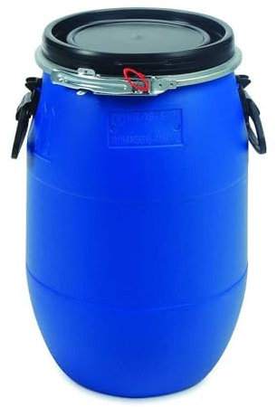 STORM TRADING GROUP 30 Litre Plastic Blue Open Top Storage Barrel Drum Keg with Lid and Latch Ring, UN Approved, Grade for Shipping, Air Tight