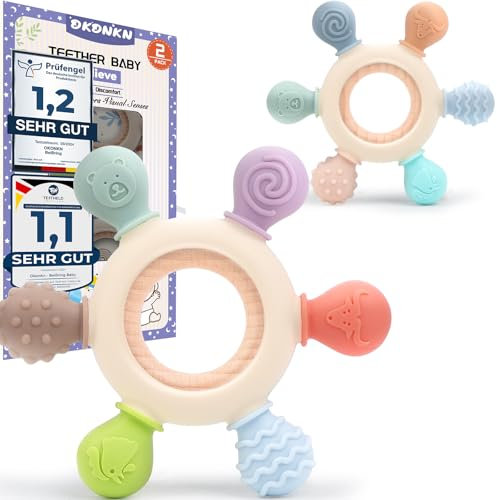 Okonkn Beißring, Zahnungshilfe Spielzeug 3-6-12 Monate BPA-Frei Silikon Zubehör für Jungen und Mädchen (1 Stück-A) (2 Stück-A)