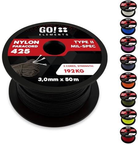 GO!elements Paracord Seil aus reißfestem Nylon - 3mm Paracord 425 Typ II max. 192kg - Schnüre als Outdoor Seil, Allzweckseil, Survival Seil, Armband, Hundeleine, Nylonschnur