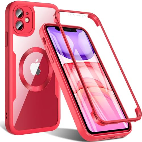 Hensinple für iPhone 11 Hülle mit MagSafe, Magnetisch Handyhülle iPhone 11 mit Displayschutzfolie 360 Rundumschutz Stoßfest Militärstandard Outdoor Case Schutzhülle für iPhone 11 Cover-Rot