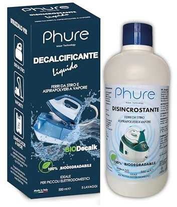 PHURE BIO DECALK Decalcificante Disincrostante Concentrato Universale ferri da stiro e aspirapolveri vapore, per piccoli elettrodomestici Compatibile con tutte le marche Biodegradabile 500ml