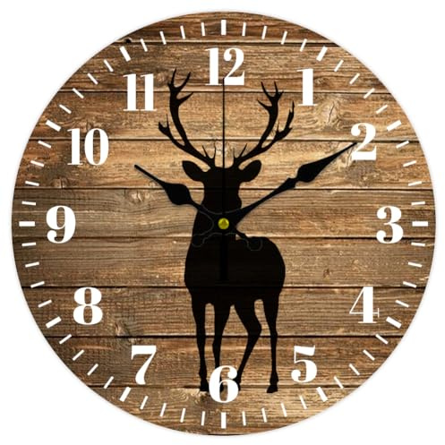 CHGCRAFT Wanduhr Mit Hirsch Silhouette Ohne Ticken Runde Dekorative Analog Uhr Aus Holz Bedruckte MDF Wanduhr Fr Zuhause Wohnzimmer Schlafzimmer Heimbro Dekoration 300mm Durchmesser Brown