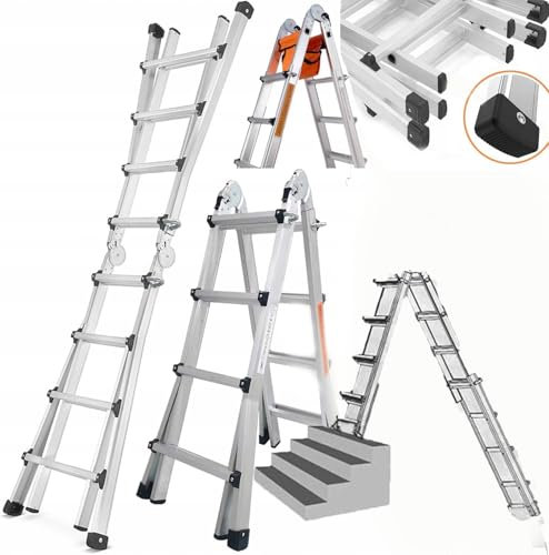 Hooha 3.9M Teleskopleiter 4x4 mit U-förmige Schlösser und mit Gummierte Füße für sicheres Arbeiten, EN131, Alu in Flugzeugqualität Klappleiter,Max Belastung 150 KG,Zusammenklappbar auf 108cm