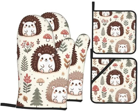 4 Pezzi Presine Da Cucina Set Adorable Hedgehogs Guanti Per Grigliare Resistenti Guanti Da Forno A Microonde Divertenti Guanti Da Barbecue Per Cucinando, Cucina, Cuocere
