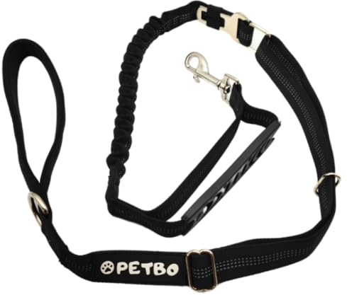 Bungee Hundeleine mit Ruckdämpfer & integriertem Kurzführer | Edelstahl | 1,3m – 1,55m Führleine schwarz für große & stark ziehende Hunde | Reflektierende Leine + gepolsterte Handschlaufe + fürs Auto