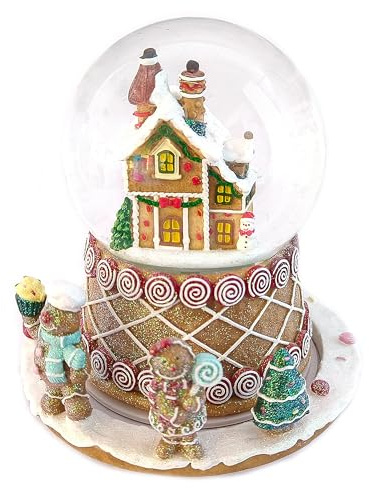 Schneekugel mit Lebkuchenhaus – Festliche Spieluhr mit Schneeflocken-Effekt, Weihnachtsklängen und On-/Off-Schalter (2X LR44 Knopfzellen erforderlich) - 16cm Gesamtgröße, 100mm Schneekugel