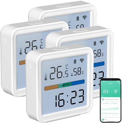 Luminea Home Control Temperaturlogger: 4er-Set WLAN-Temperatur-und Luftfeuchtigkeitssensor, Datenlogger (Thermometer Elesion, WLAN Temperaturmessung, Klima)