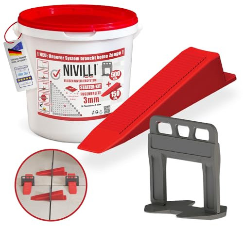 Nivilli KEILY Starter-Set - 300x Laschen + 100x Keile. Zangenloses Profi Nivelliersystem. Verlegehilfe Fliesen. DAS BESTE ZUM GÜNSTIGEN PREIS! 3mm Fugenbreite, Materialstärke 3-15mm