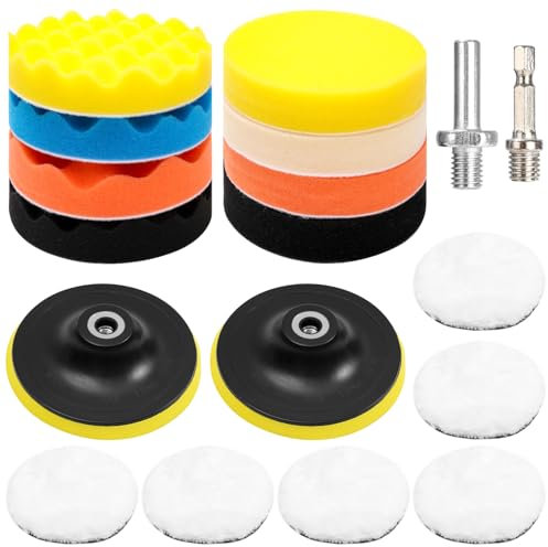 18 Pezzi 125mm Pad Kit di Lucidatura Spugna,Kit Lucidatrici Auto,con Adattatore per Trapano e Cuscinetti per Ceretta in Lana,Set di Tamponi per Lucidatura per Auto,Lucidatrice e Ceretta