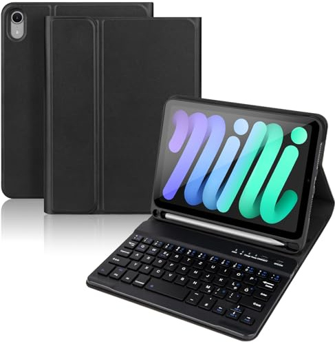 KTOITION Hülle mit Tastatur für iPad mini A17 Pro (Min 7. Generation) 2024/6. Gen 2021, Kabellose Tastatur mit Schützhülle für iPad mini (A17 Pro 2024, 7. Generation) 8,3 Zoll (Schwarz)